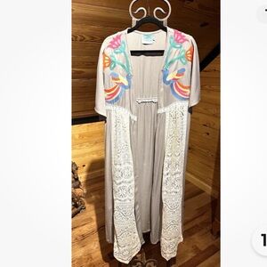 Judith March Gray sz. Large Open Long Kimono Duster Lace Embroidered Birds